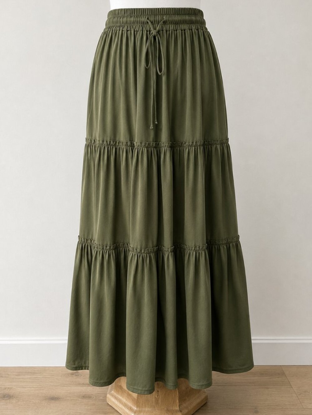 Olive Green Tiered Maxi Skirt Elastic Waist Boho Drawstring | Size XS